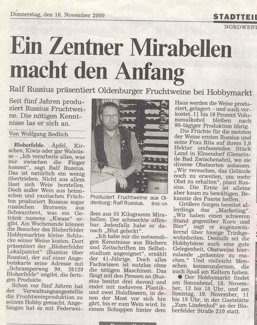 eigener Bericht in NWZ  vom 16.11.2000